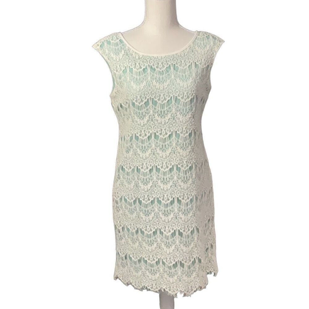 R&M Richards Petites Vintage A Line Dress Ivory Macrame Lace Green Liner Sz 10P